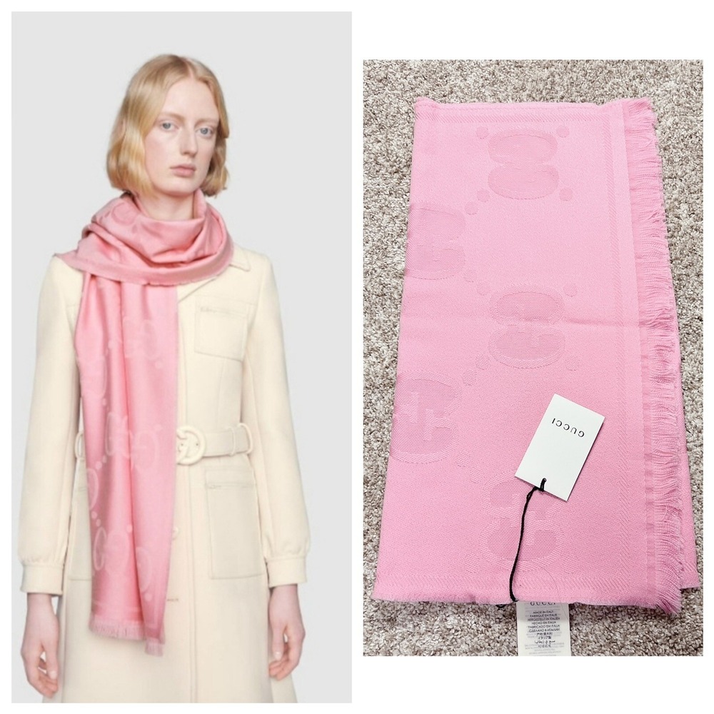 GUCCI Pink GG WOOL JACQUARD Logo Scarf Womens Size 45 cm x 195 cm - New - Auth